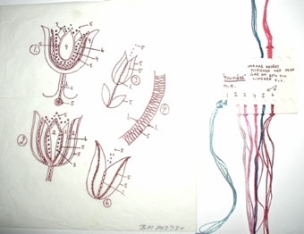 Mönsterritning finns i mapp BM 75093?garnkarta. Broderiprov finns på lösblad BM 75093. Kalkyl finns i särskild pärm.

Rund broderad duk. Två rader med rosa tulpaner i ringar utmed kanten. Några i den yttre ringen är konturbroderade med blått garn. Stiliserade blomsjälkar i ljusblått. Blekt tuskaftvävt linnetyg. Brodergarn i lin