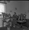 Realskolebilder Nyarp 1961. En kvinna sitter omgiven av krukväxter och blombuketter.