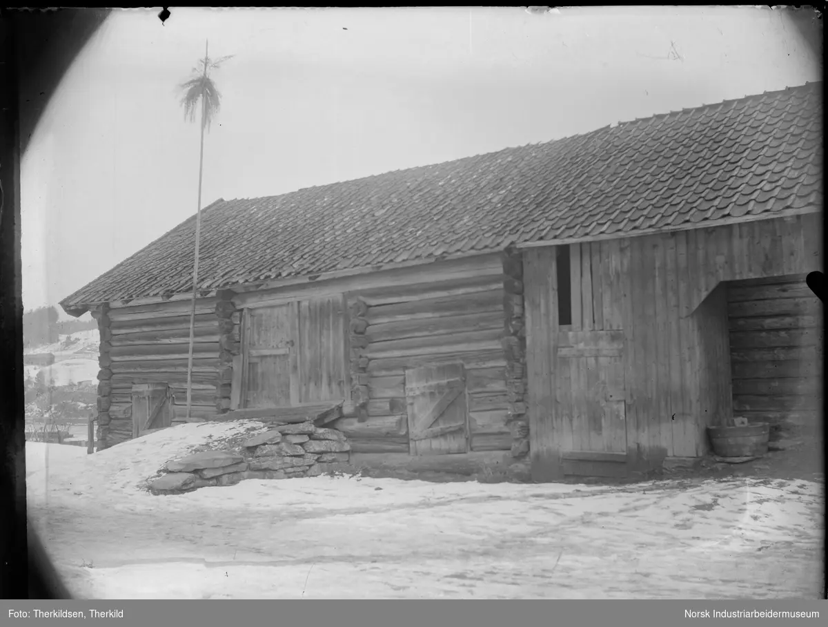 Laftet høy- og treskelåve med låvebru på Lien, fjøs i tømmermannskledning. Fuglenek på staur utenfor låven.