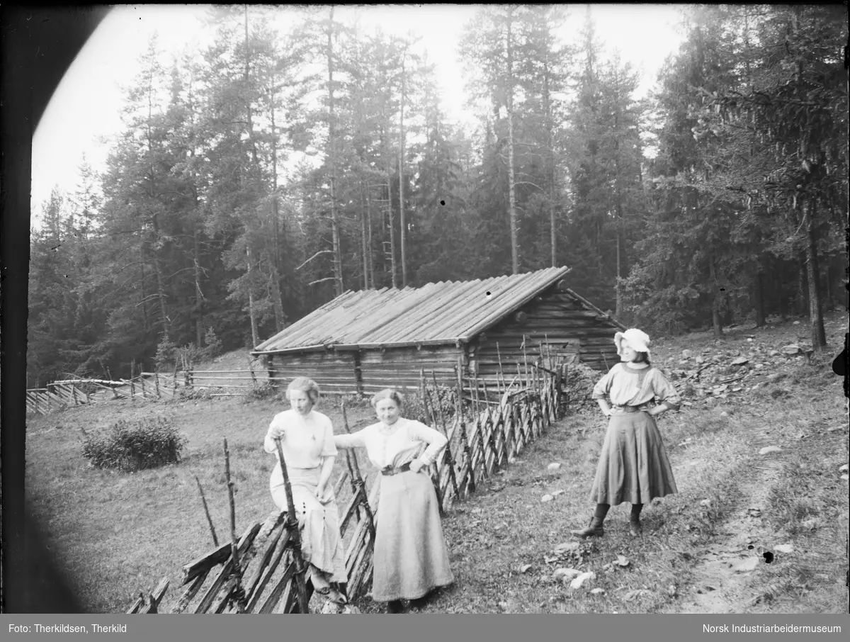 Tre kvinner foran laftet bygg på Tovestul. En av kvinnene sitter på skigarden rundt plassen.