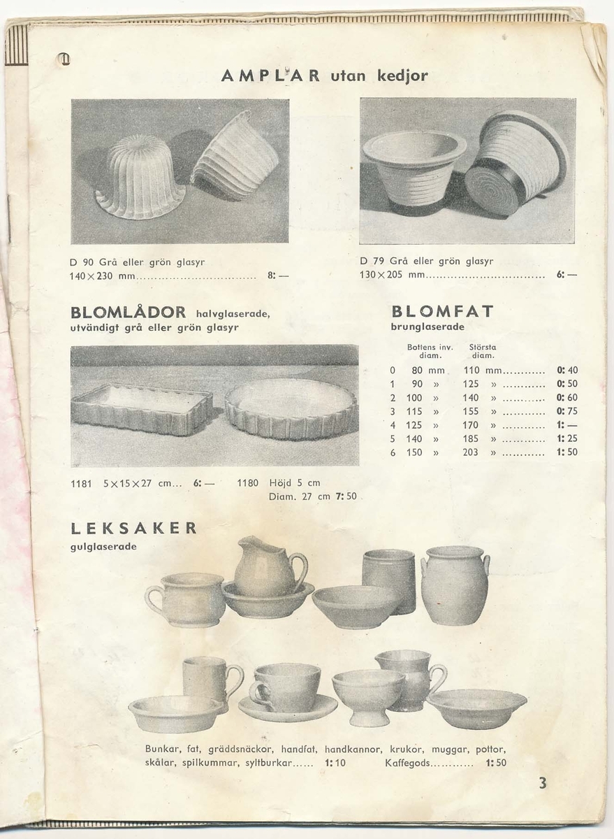 Prislista från Bo Fajans 1951, över amplar, blomkrukor och hushållsgods.