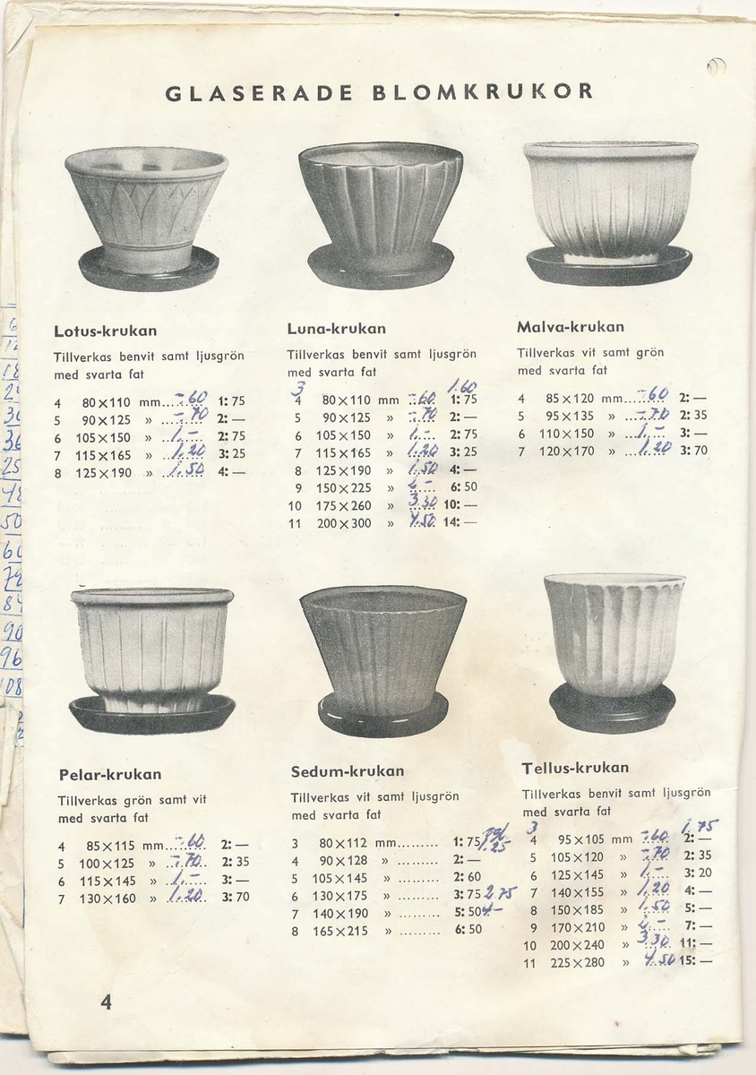 Prislista från Bo Fajans 1951, över amplar, blomkrukor och hushållsgods.