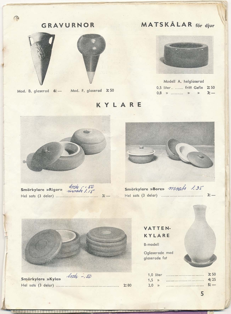 Prislista från Bo Fajans 1951, över amplar, blomkrukor och hushållsgods.