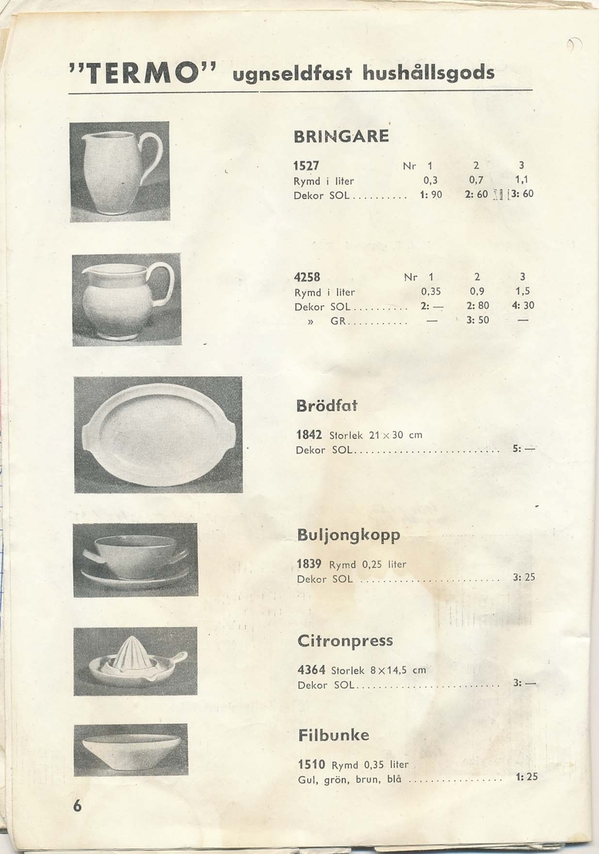 Prislista från Bo Fajans 1951, över amplar, blomkrukor och hushållsgods.