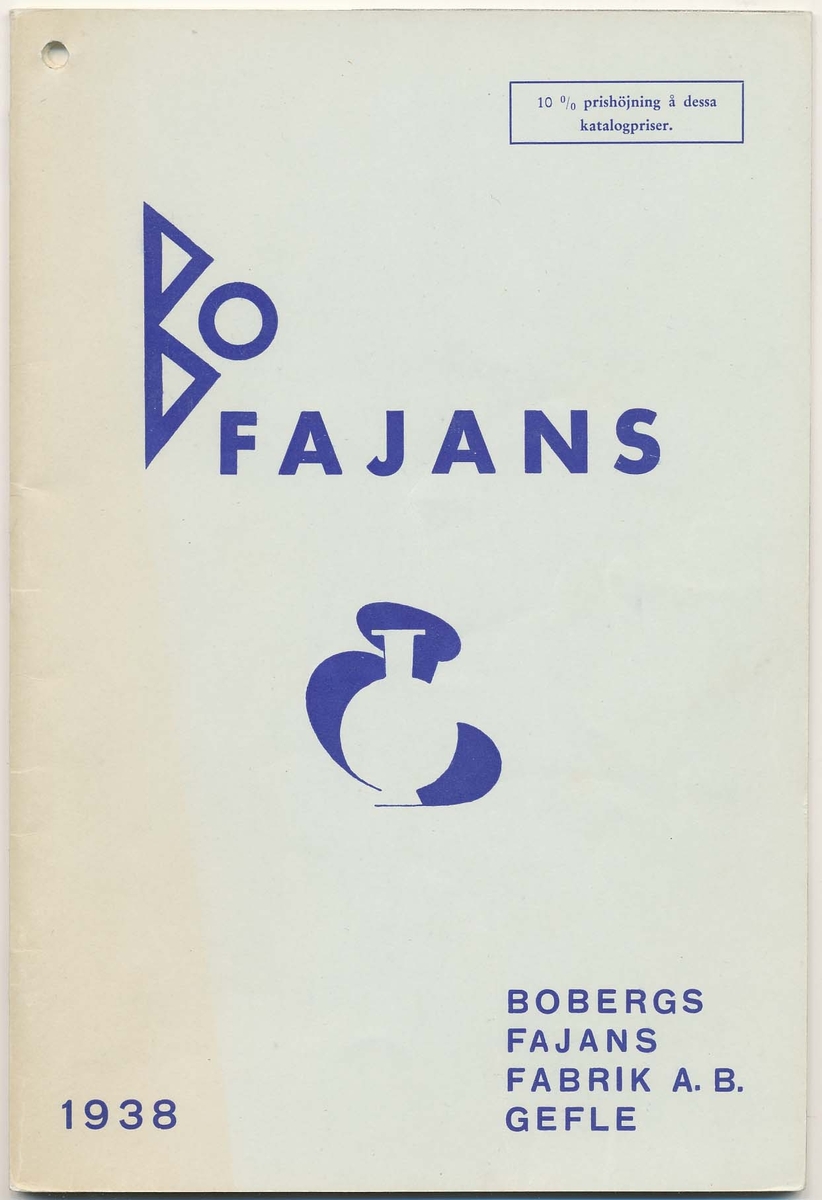 Priskurant från Bo Fajans 1938, med praktiska hushållsfajanser, konstglaserade dekorativa fajanser som terrasskrukor, vaser, skålar och blomkrukor.