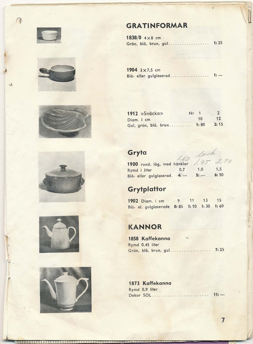 Prislista från Bo Fajans 1951, över amplar, blomkrukor och hushållsgods.