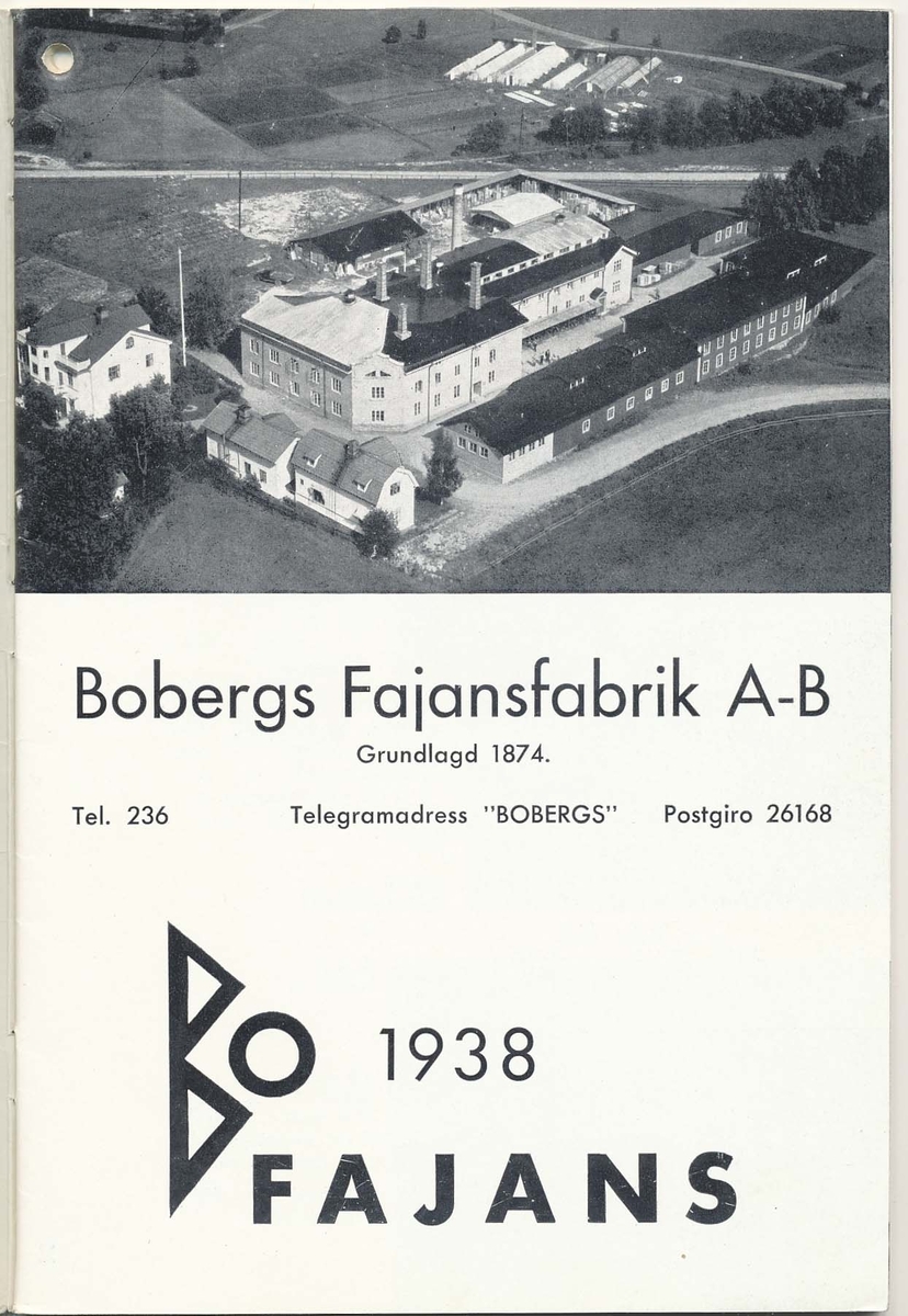 Priskurant från Bo Fajans 1938, med praktiska hushållsfajanser, konstglaserade dekorativa fajanser som terrasskrukor, vaser, skålar och blomkrukor.