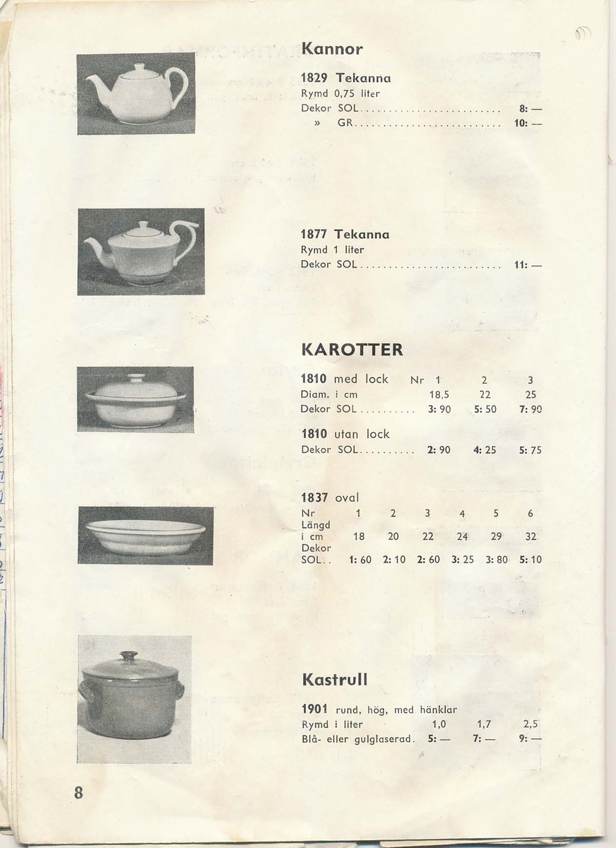 Prislista från Bo Fajans 1951, över amplar, blomkrukor och hushållsgods.