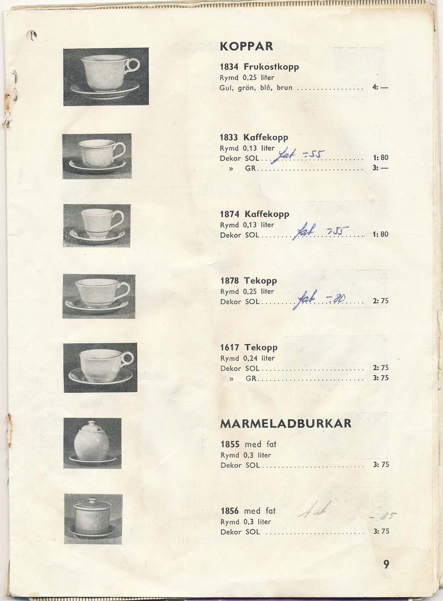 Prislista från Bo Fajans 1951, över amplar, blomkrukor och hushållsgods.