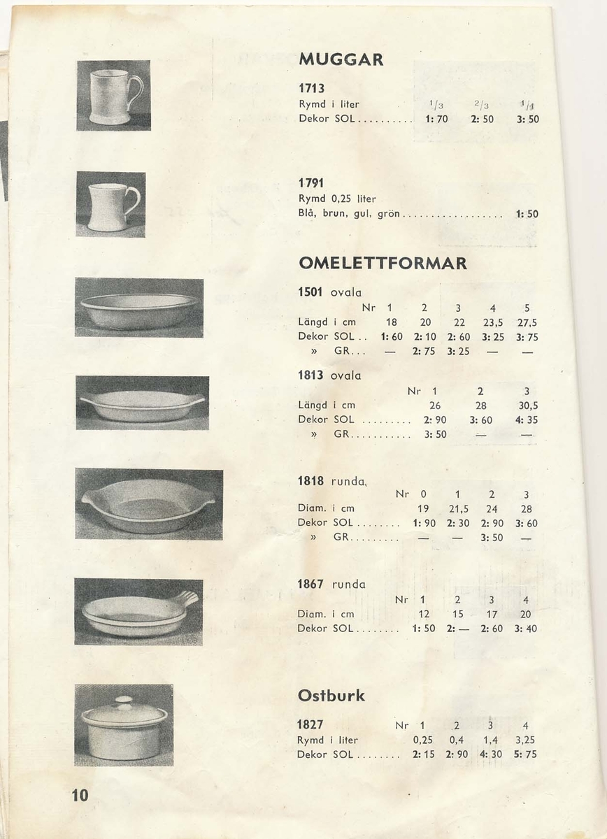 Prislista från Bo Fajans 1951, över amplar, blomkrukor och hushållsgods.