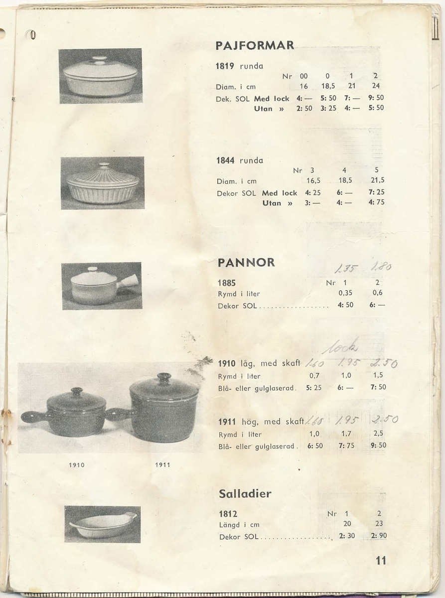 Prislista från Bo Fajans 1951, över amplar, blomkrukor och hushållsgods.