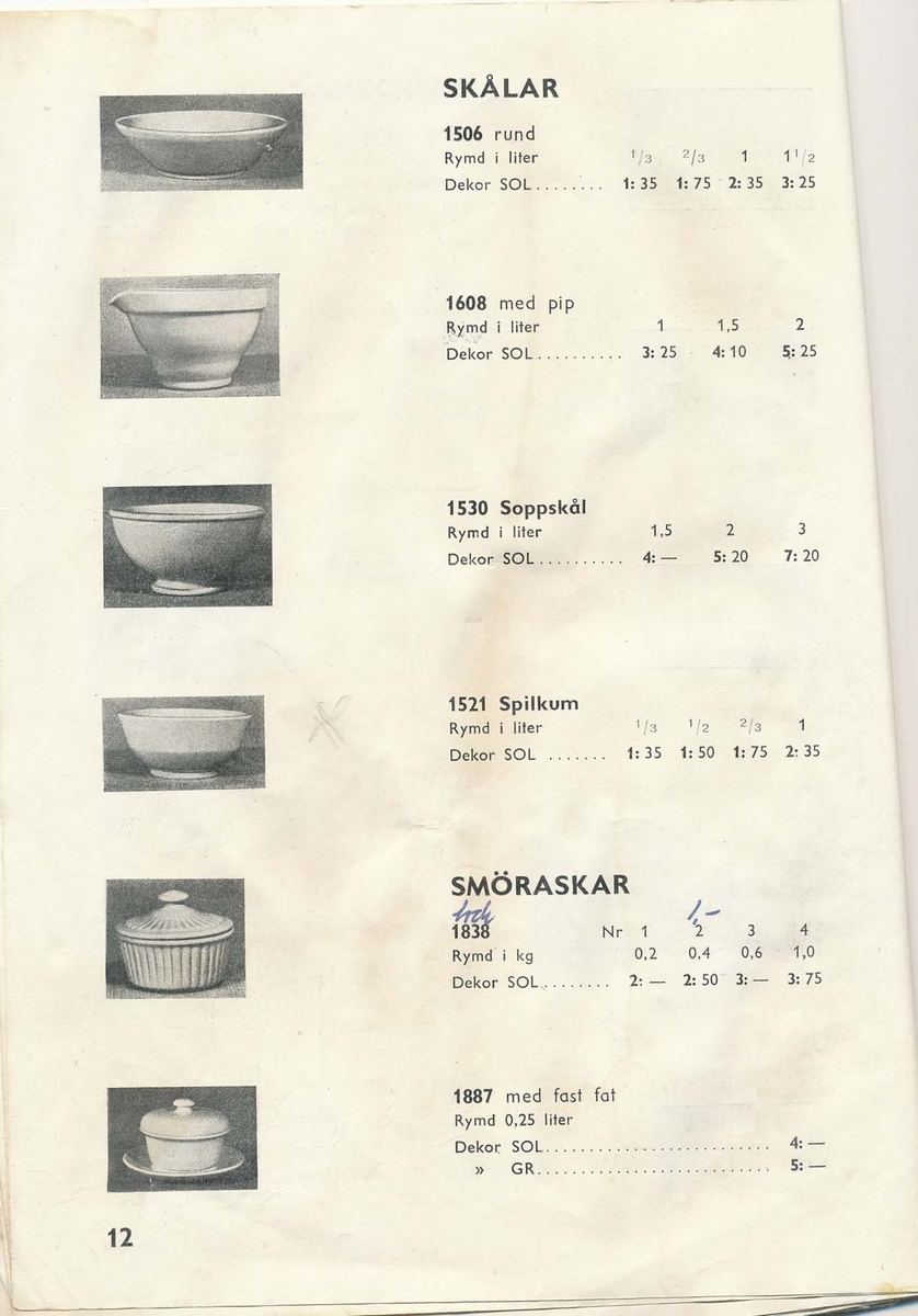 Prislista från Bo Fajans 1951, över amplar, blomkrukor och hushållsgods.