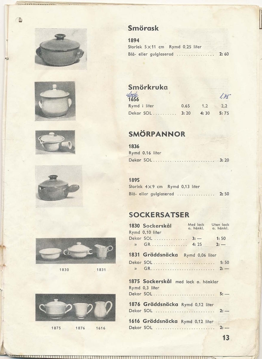 Prislista från Bo Fajans 1951, över amplar, blomkrukor och hushållsgods.