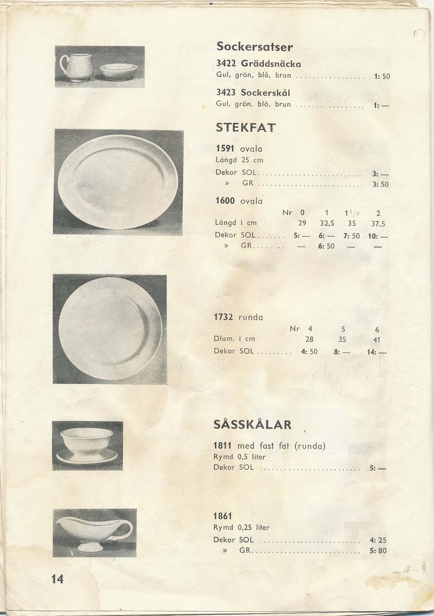 Prislista från Bo Fajans 1951, över amplar, blomkrukor och hushållsgods.