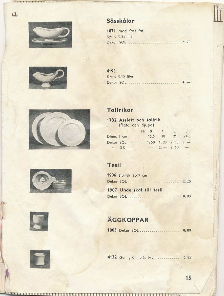 Prislista från Bo Fajans 1951, över amplar, blomkrukor och hushållsgods.