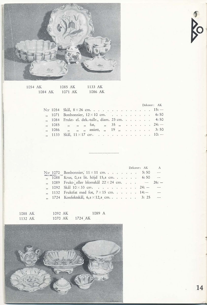 Priskurant från Bo Fajans 1938, med praktiska hushållsfajanser, konstglaserade dekorativa fajanser som terrasskrukor, vaser, skålar och blomkrukor.