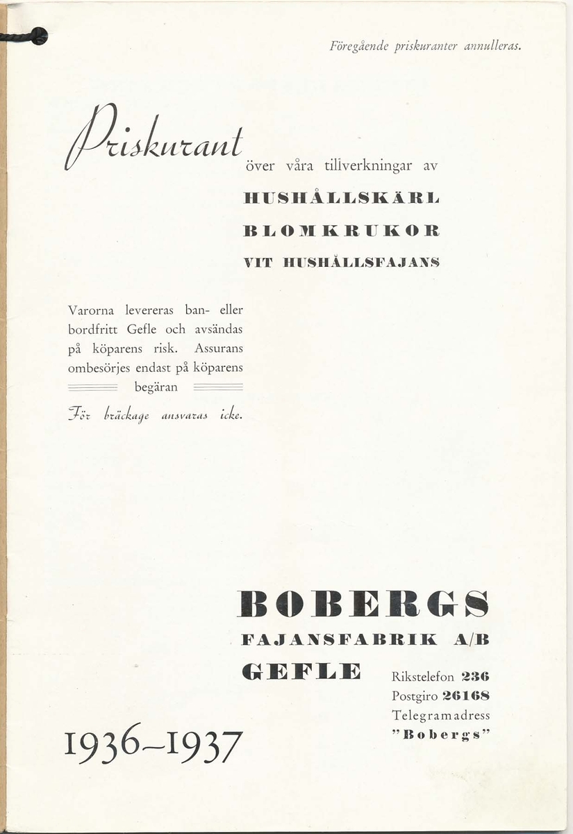 Priskurant från Bo Fajans 1936 - 1937.