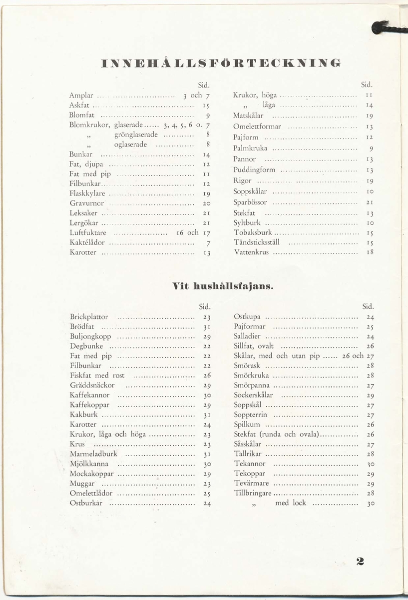 Priskurant från Bo Fajans 1936 - 1937.