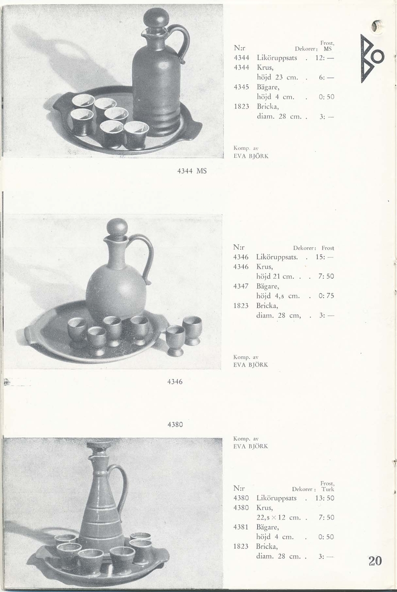 Priskurant från Bo Fajans 1938, med praktiska hushållsfajanser, konstglaserade dekorativa fajanser som terrasskrukor, vaser, skålar och blomkrukor.