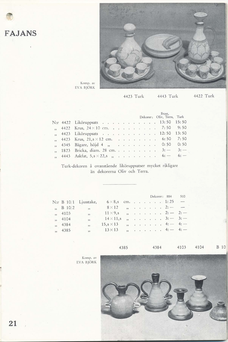 Priskurant från Bo Fajans 1938, med praktiska hushållsfajanser, konstglaserade dekorativa fajanser som terrasskrukor, vaser, skålar och blomkrukor.