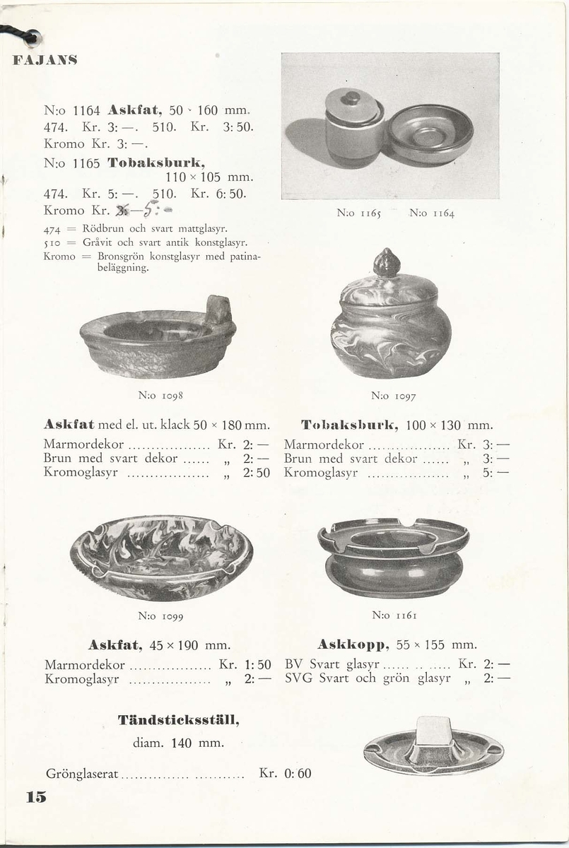 Priskurant från Bo Fajans 1936 - 1937.