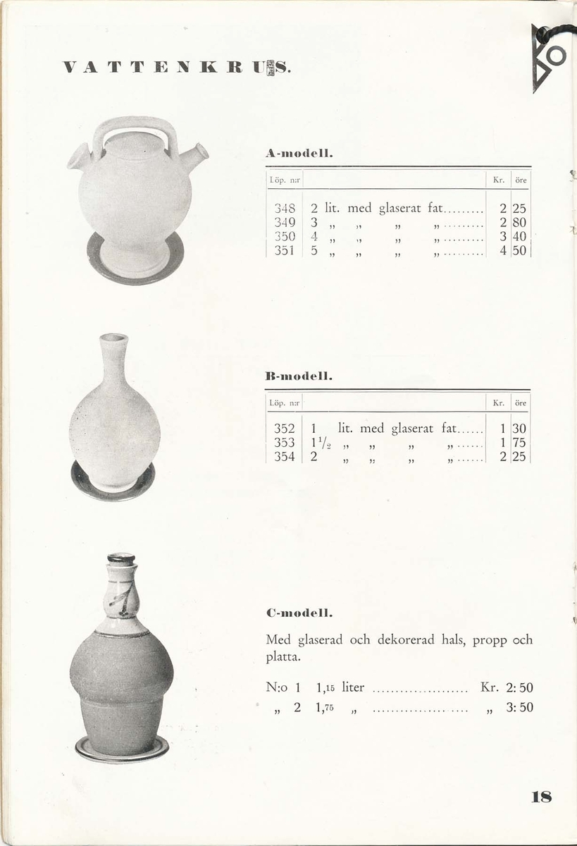 Priskurant från Bo Fajans 1936 - 1937.