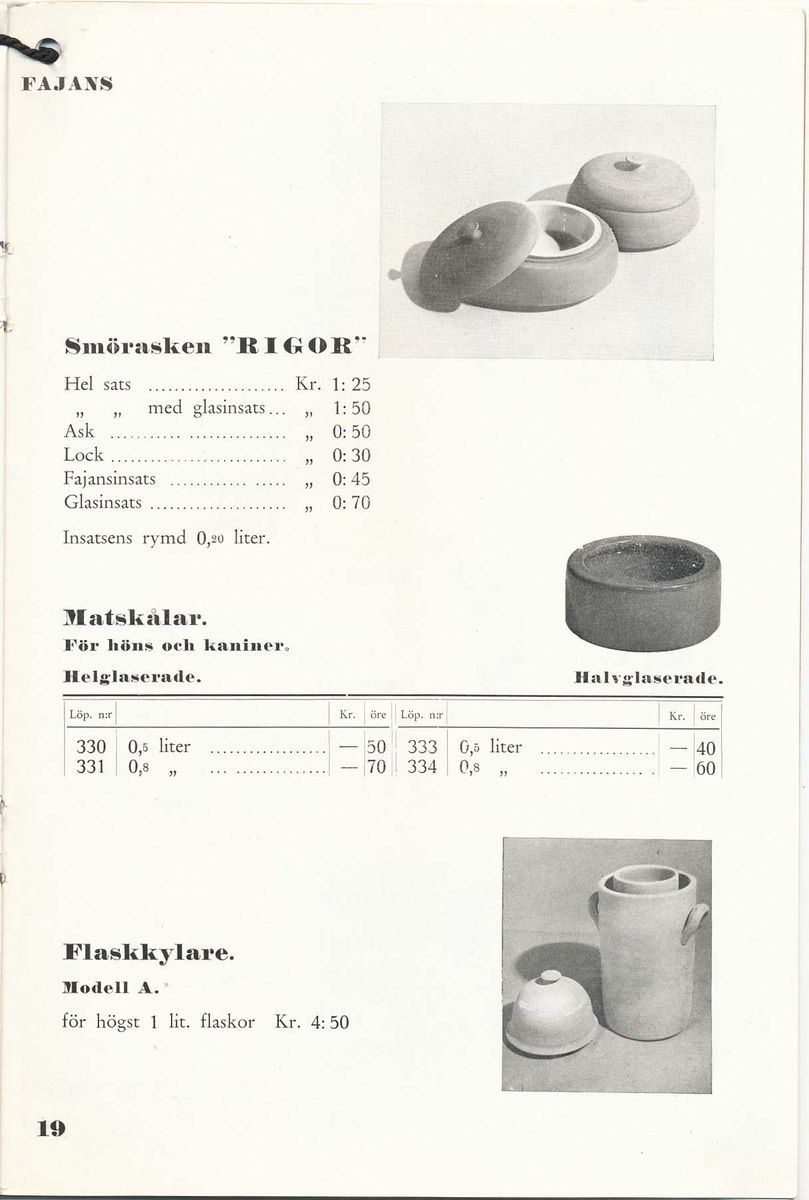 Priskurant från Bo Fajans 1936 - 1937.