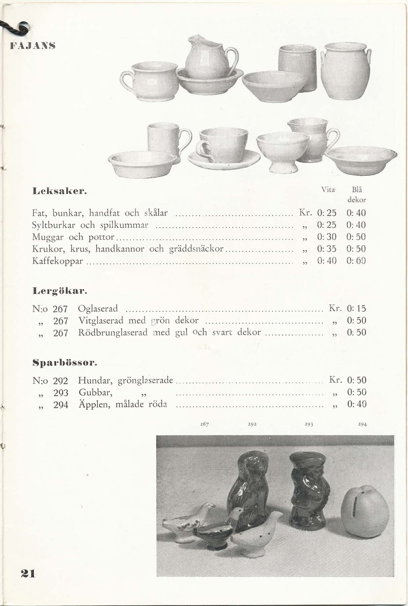 Priskurant från Bo Fajans 1936 - 1937.