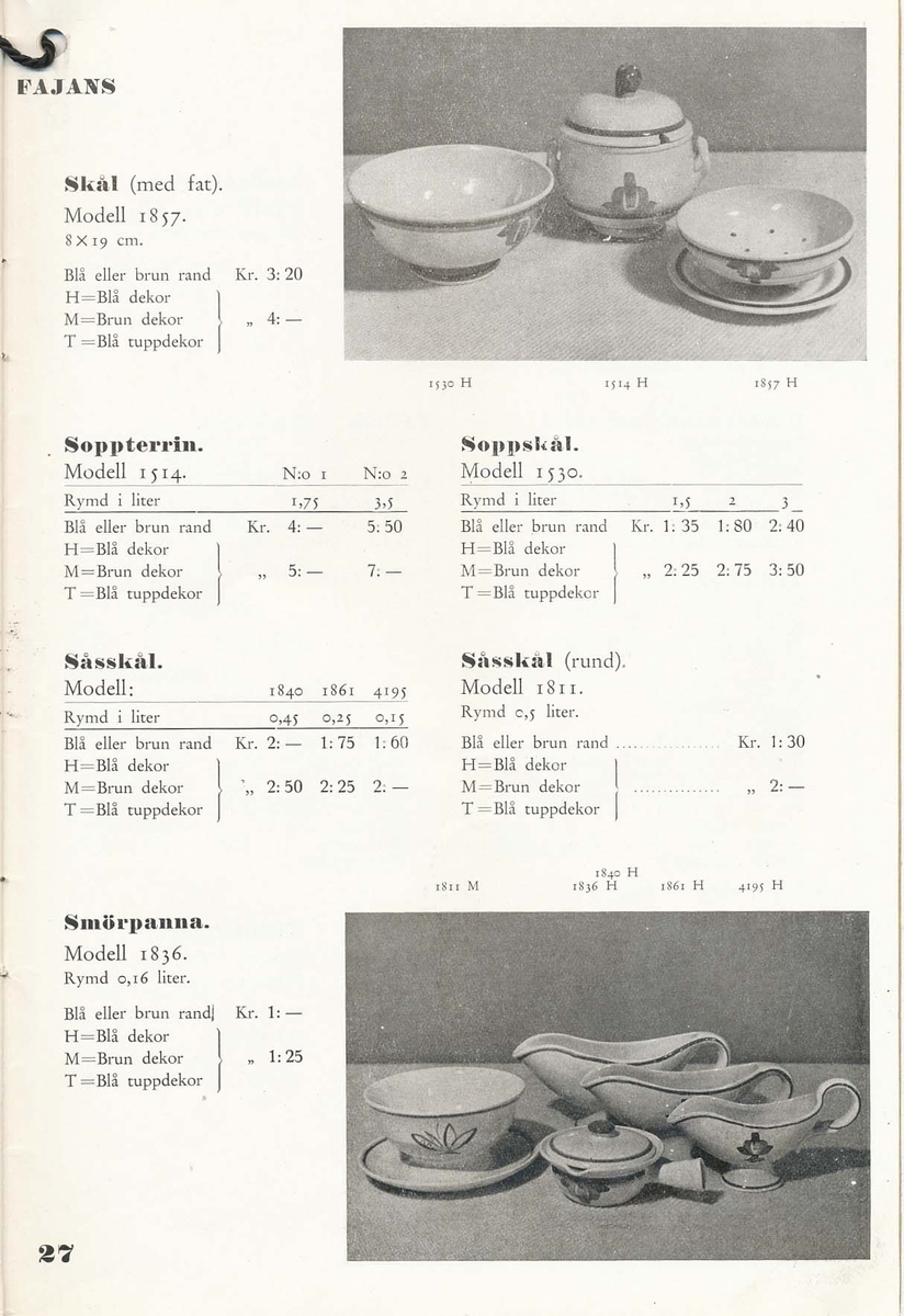 Priskurant från Bo Fajans 1936 - 1937.