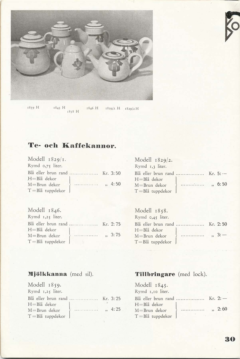 Priskurant från Bo Fajans 1936 - 1937.