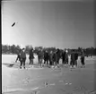 Realskolan vinterlov januari 1961. Några unga männsikor står uppställda framför kameran för fotografering. De har skridskor på fötterna och de står på en istäckt sjö. Alla bär pälsmössa eller sjalett på huvudet. En kvinna litar sig framåt för att klappa en hund.