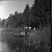 Rotenonbehandling i Bergadammen 1961. Fyra män står på en kaj intill en sjö. Två män befinner sig i en roddbåt på sjön, en man sitter vid årorna och en man står med ett långt munstycke som leder till en metallbehållare.