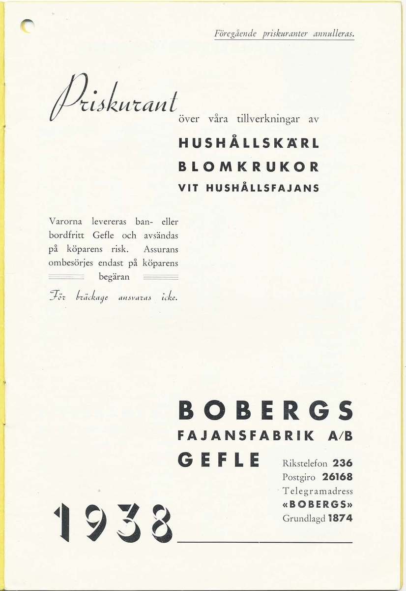 Priskurant från Bo Fajans 1938.