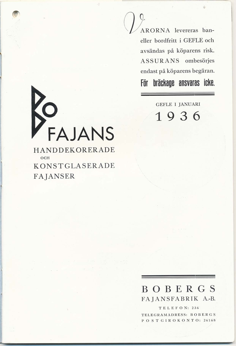 Priskurant från Bo Fajans 1936, med praktiska hushållsfajanser.