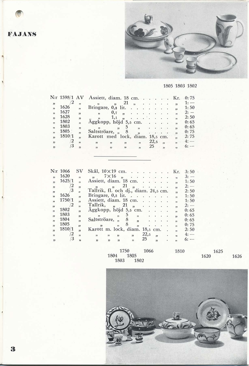 Priskurant från Bo Fajans 1936, med praktiska hushållsfajanser.