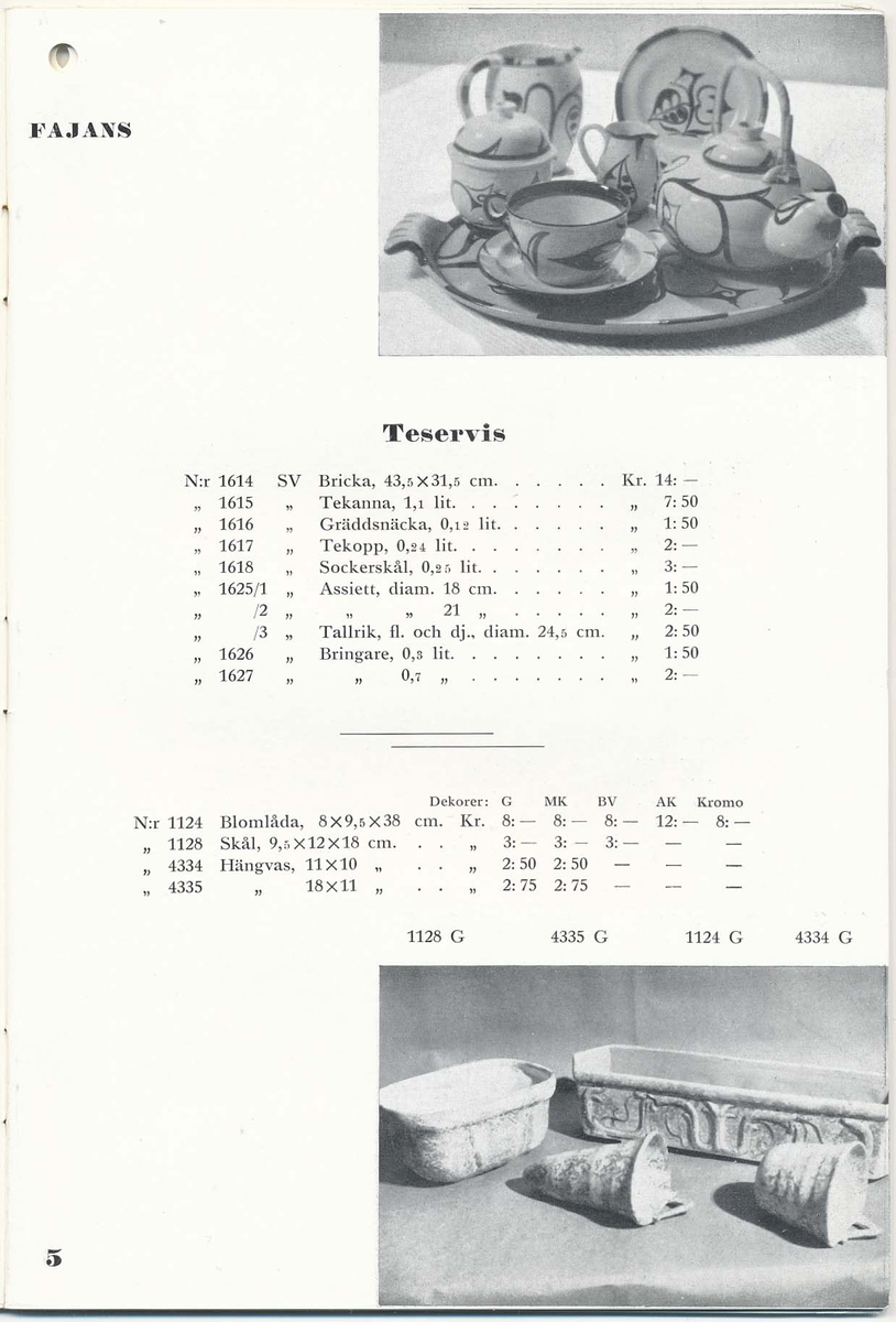Priskurant från Bo Fajans 1936, med praktiska hushållsfajanser.