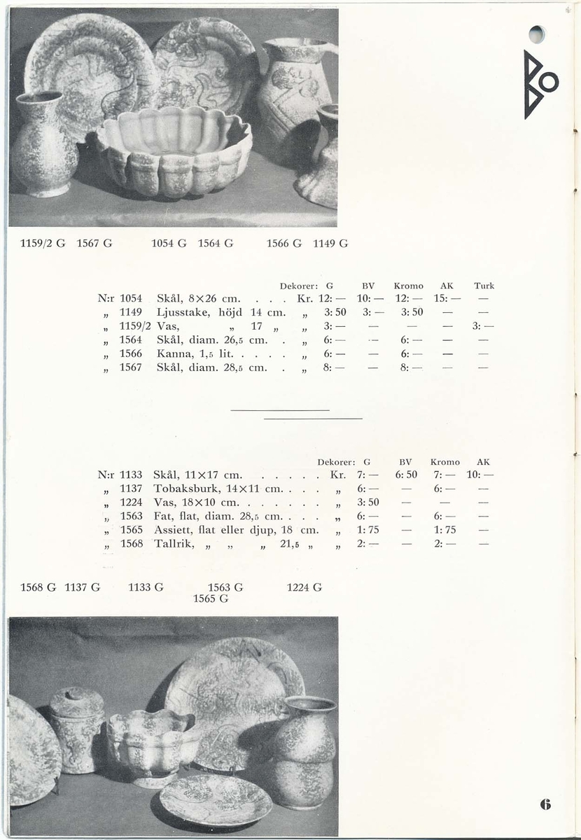 Priskurant från Bo Fajans 1936, med praktiska hushållsfajanser.