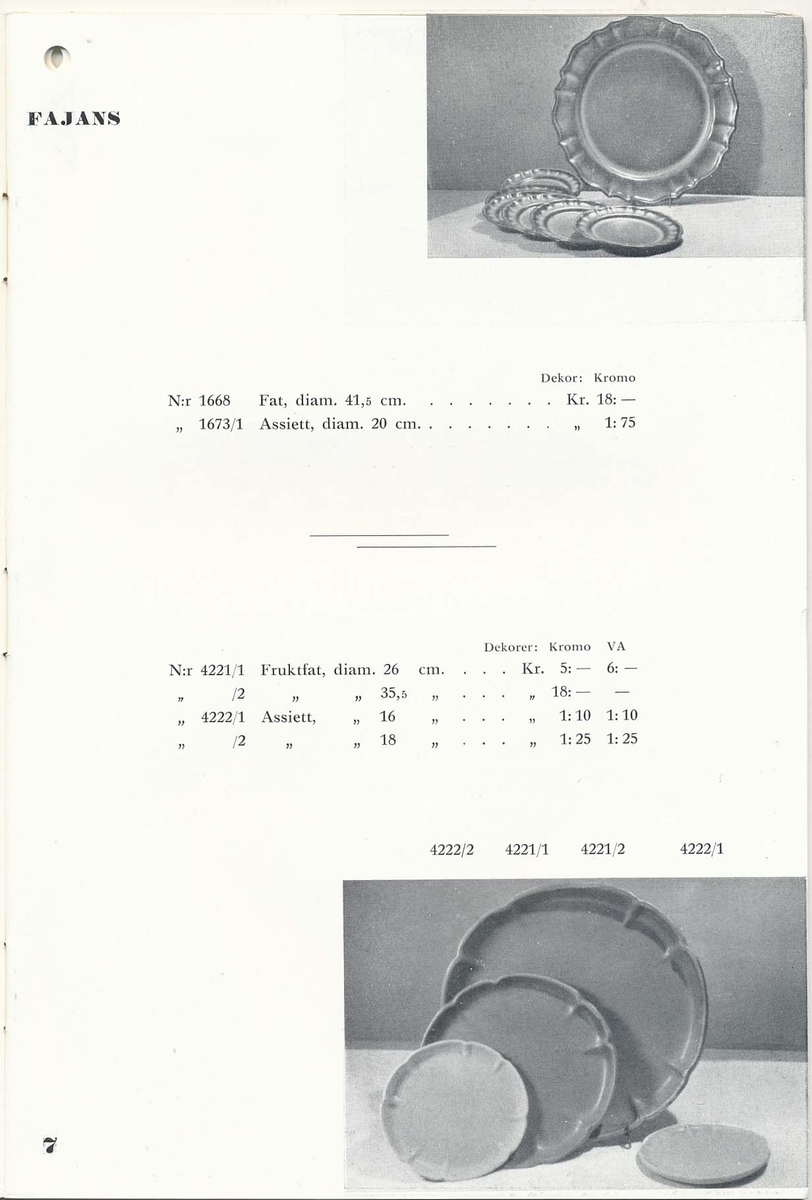 Priskurant från Bo Fajans 1936, med praktiska hushållsfajanser.