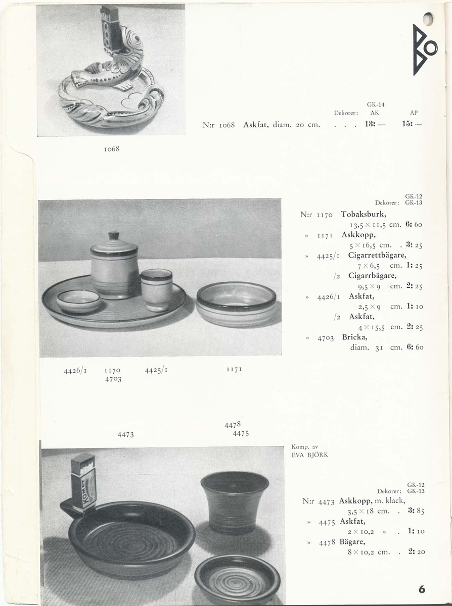 Priskurant från Bo Fajans 1939, med praktiska hushållsfajanser, konstglaserade dekorativa fajanser som terrasskrukor, vaser, skålar och blomkrukor.
