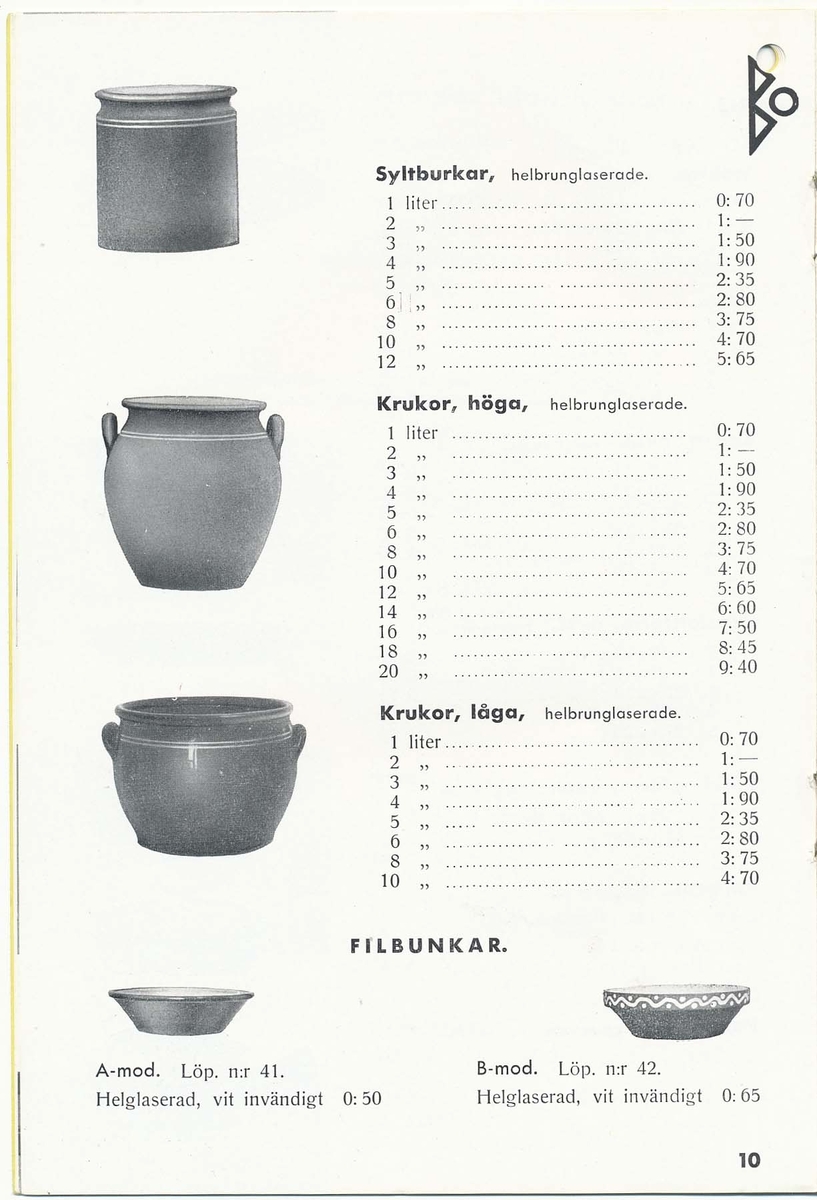 Priskurant från Bo Fajans 1938.