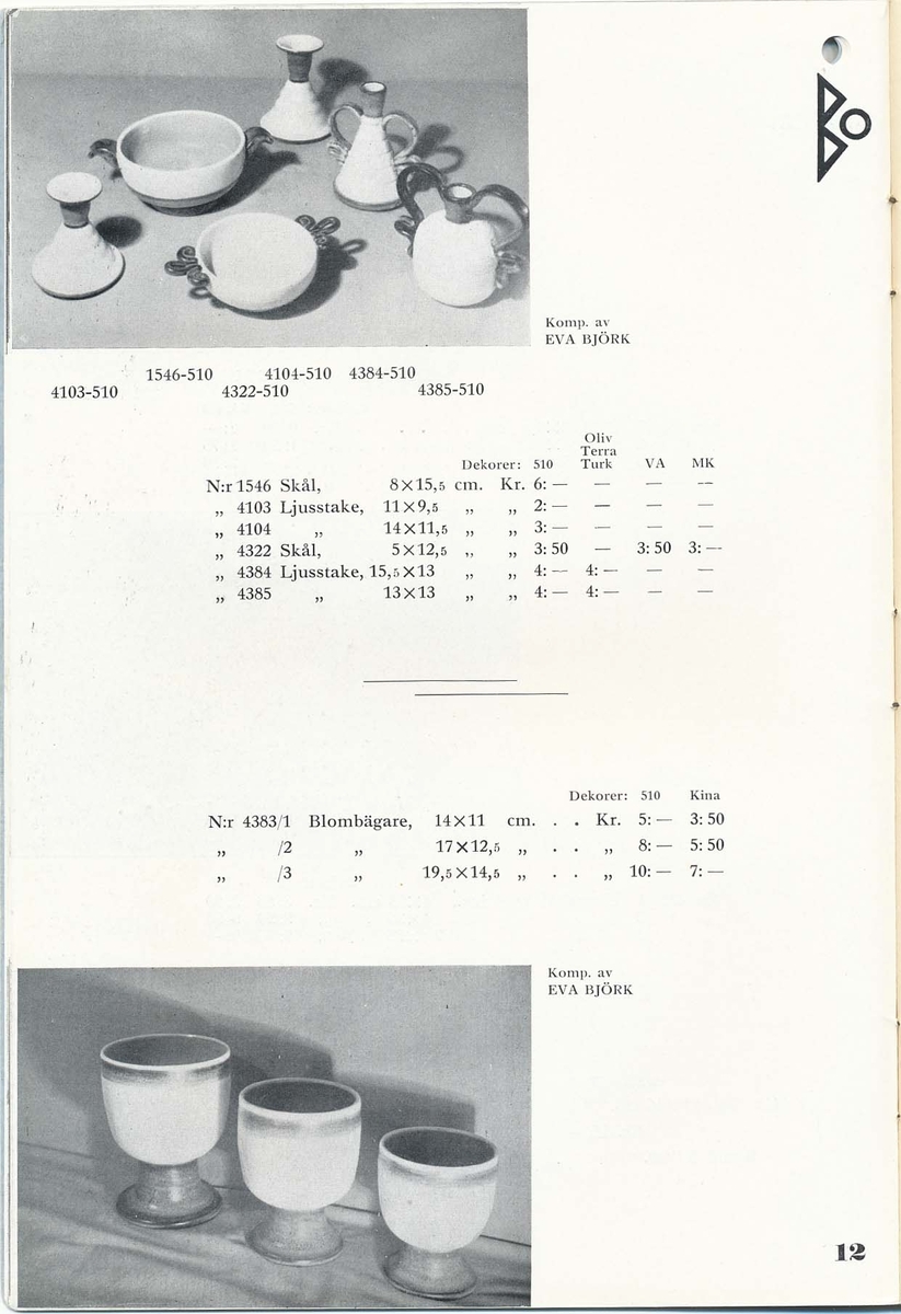 Priskurant från Bo Fajans 1936, med praktiska hushållsfajanser.