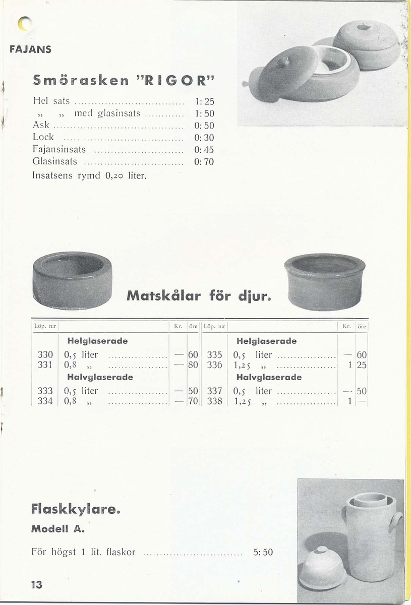 Priskurant från Bo Fajans 1938.