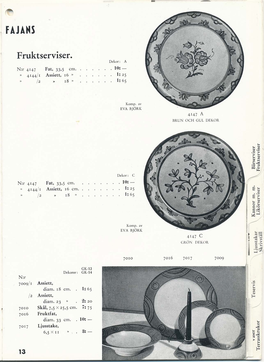 Priskurant från Bo Fajans 1939, med praktiska hushållsfajanser, konstglaserade dekorativa fajanser som terrasskrukor, vaser, skålar och blomkrukor.