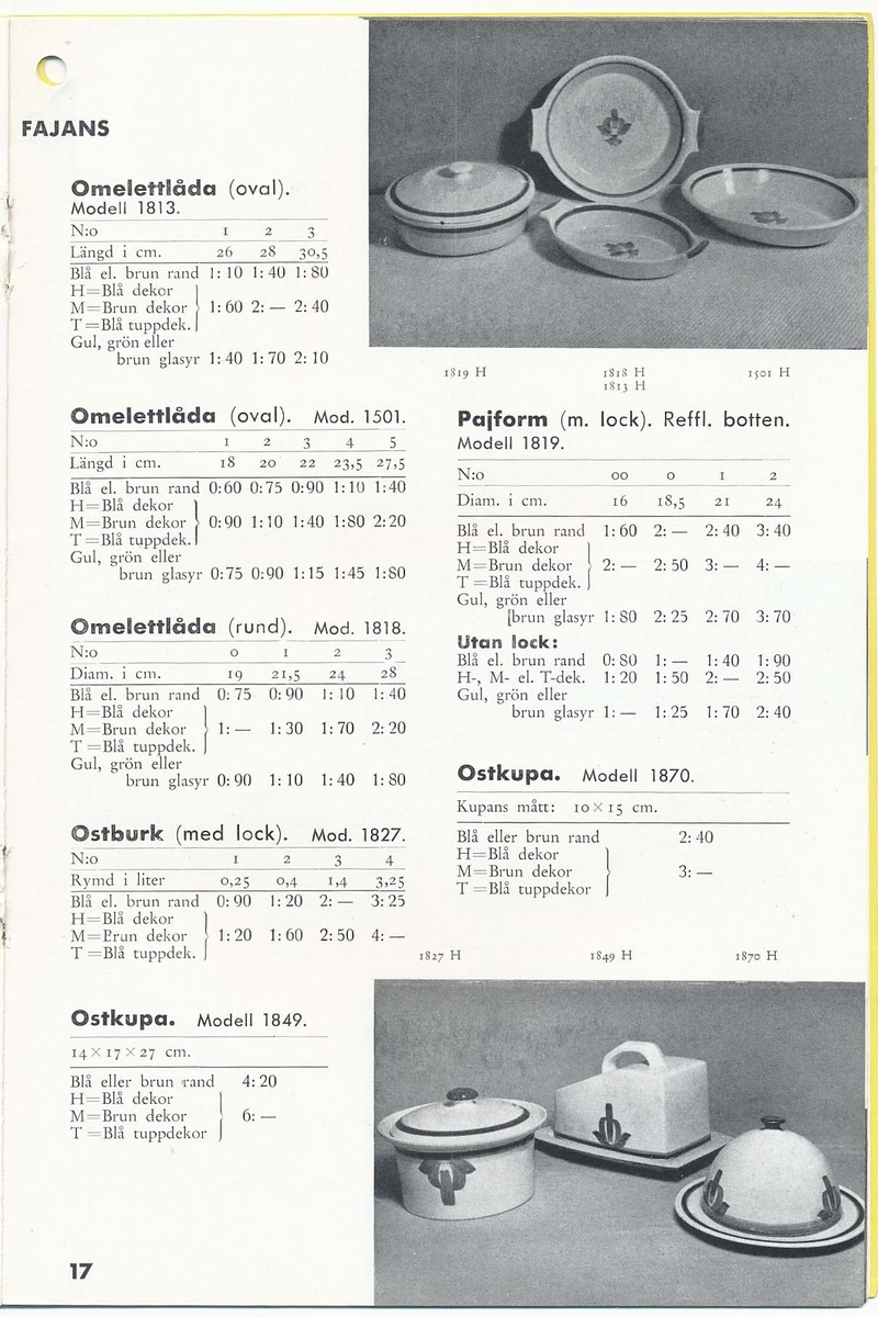 Priskurant från Bo Fajans 1938.