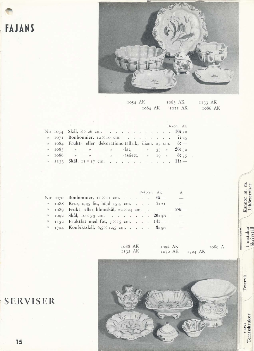 Priskurant från Bo Fajans 1939, med praktiska hushållsfajanser, konstglaserade dekorativa fajanser som terrasskrukor, vaser, skålar och blomkrukor.