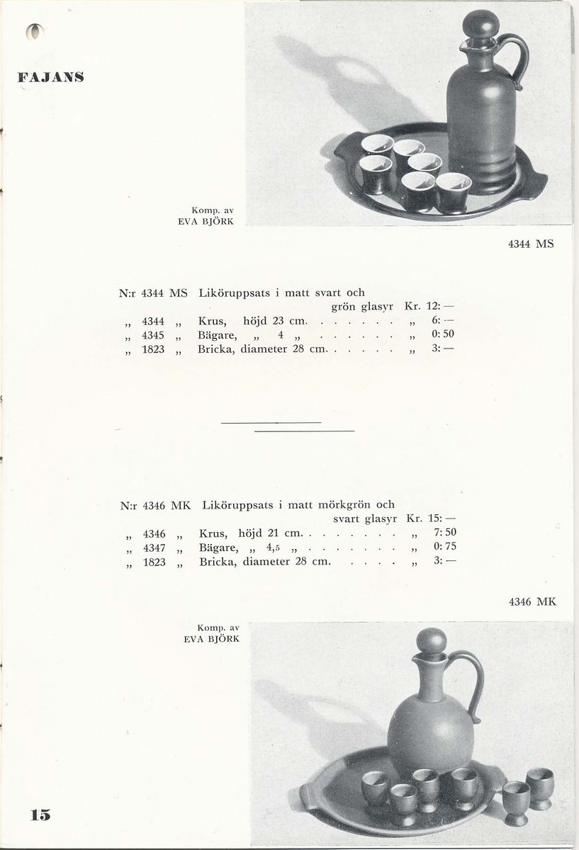 Priskurant från Bo Fajans 1936, med praktiska hushållsfajanser.
