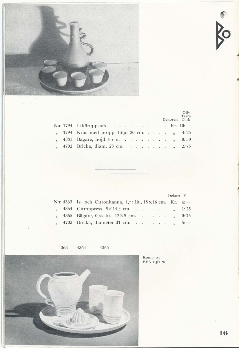 Priskurant från Bo Fajans 1936, med praktiska hushållsfajanser.