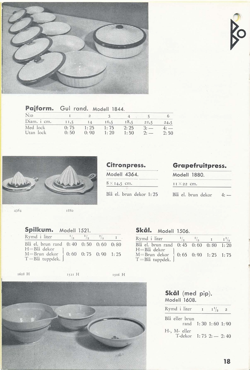 Priskurant från Bo Fajans 1938.