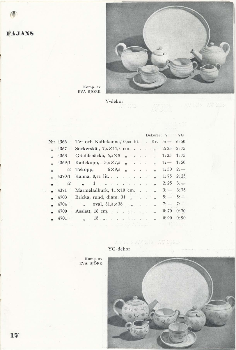 Priskurant från Bo Fajans 1936, med praktiska hushållsfajanser.