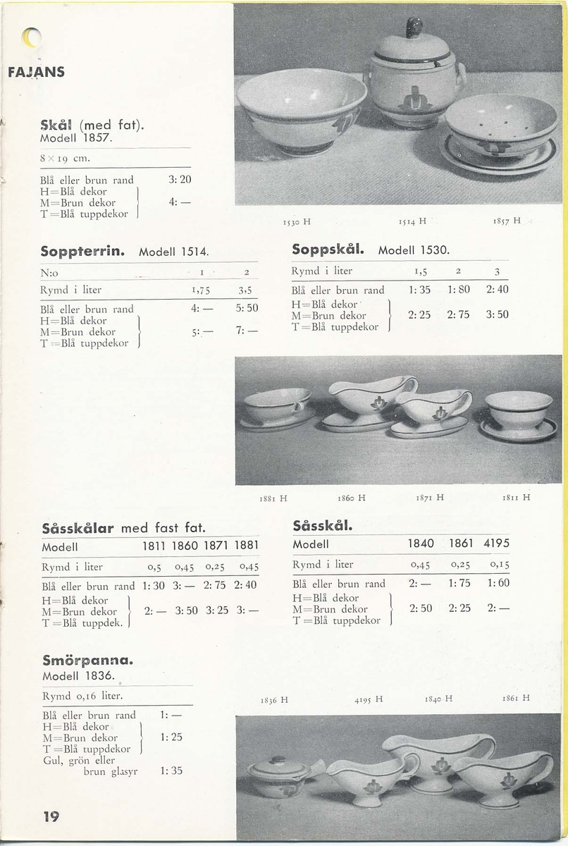 Priskurant från Bo Fajans 1938.